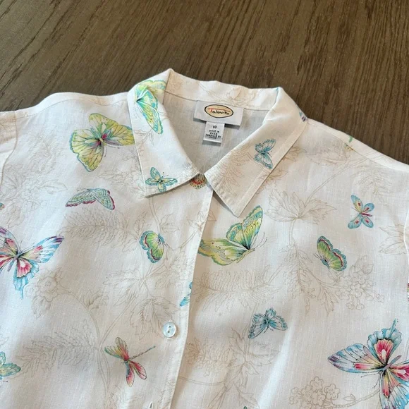 Talbots 100% Linen Button Down Blouse Size 10 Butterfly Print - Picture 10 of 13